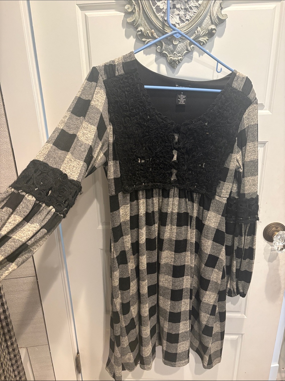 Black and Cream Plaid Dress with Black Lace Bodice